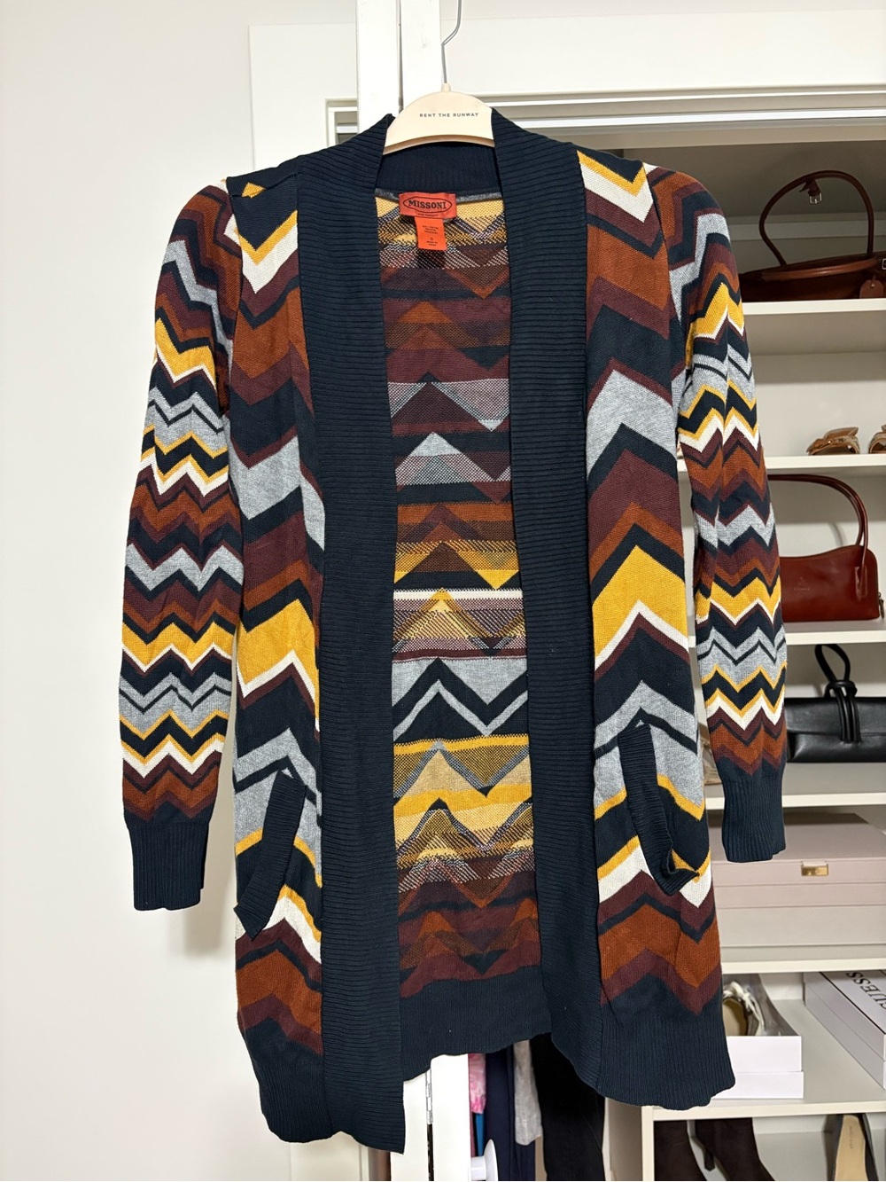 Missoni Chevron Open-Front Cardigan in Navy, Mustard, Rust, Gray, White, Brown